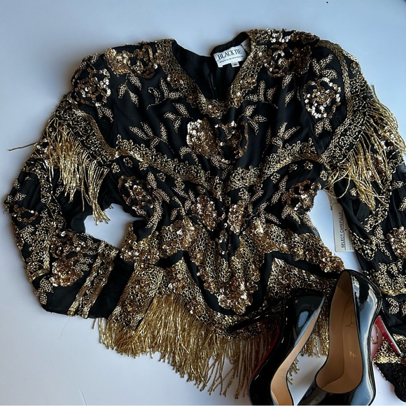 Black Tie Tops - Black and gold Vintage Beaded Fringe Top